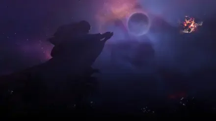 Video game Ashes of Creation 2K Quad HD PC desktop wallpaper: purple nebula sky, silhouetted cliff, distant planet and fiery debris drifting through cosmic haze.