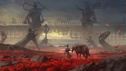 4K Ultra HD PC desktop wallpaper for the video game Where Winds Meet: a wuxia fantasy landscape of crimson fields, two travelers and an ox approaching towering warrior statues and a distant citadel.