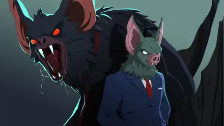 2K Quad HD PC desktop wallpaper for video game Dispatch — Sonar (Dispatch): a snarling, red‑eyed giant bat looms behind a sharp‑suited humanoid bat with a piglike snout.