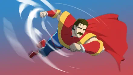 Video game 4K Ultra HD PC wallpaper: Phenomaman (Dispatch) — a mustachioed hero in red cape and gold-trimmed armor flying through a swirling, motion-blurred sky.