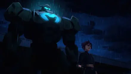 4K Ultra HD PC desktop wallpaper from video game Dispatch showing Invisigal (Dispatch) beside a glowing armored mech in pouring rain under blue neon light.