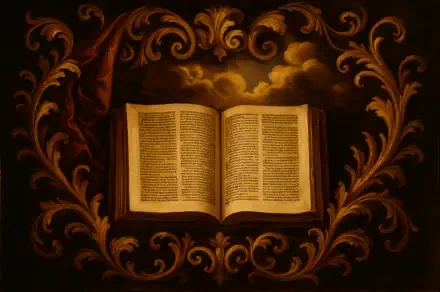4K Ultra HD PC desktop wallpaper: an open scripture book bathed in warm golden light, set within ornate baroque scrollwork on a dark background.