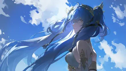 4K Ultra HD PC desktop wallpaper of Iuno (Wuthering Waves) — blue‑haired anime character with flowing locks against a bright sky, video game artwork.