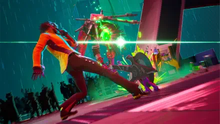 HD PC desktop wallpaper of Dead as Disco video game: neon-soaked, rain-drenched scene of a suited character lunging toward robotic enemies under green light.