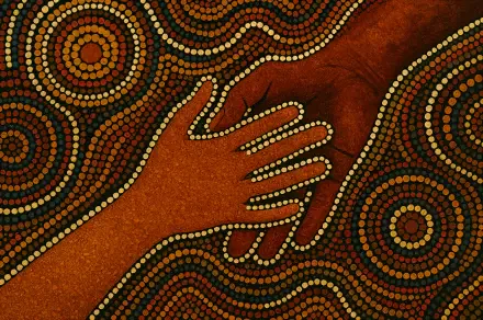 4K Ultra HD PC desktop wallpaper and background: Aboriginal-style dotted artwork of two overlapping hands amid concentric dot patterns in warm ochre, brown and green — human touch.