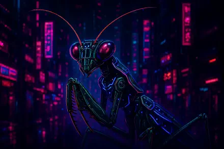 Cyberpunk praying mantis as a 4K Ultra HD PC desktop wallpaper and background: neon-lit insect with glowing eyes and circuitry against a rain-soaked, neon cityscape.