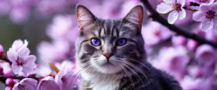 Cat, Feline, Animal: close-up of a grey tabby with vivid violet eyes among pink blossoms — 2K Quad HD PC desktop wallpaper and background.