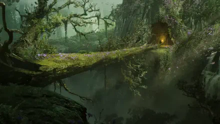 5K Ultra HD PC desktop wallpaper of a green fantasy adventure video game scene from Ashes of Creation: a moss-covered bridge spanning a foggy chasm toward a cave-lit root entrance.