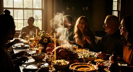 Aesthetic Thanksgiving: warm, candlelit table with roasted turkey, pies and fall decor, guests laughing and sharing a meal — 4K Ultra HD PC desktop wallpaper and background.