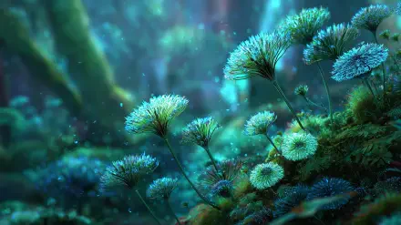 2K Quad HD PC desktop wallpaper: magical bioluminescent forest with glowing plants, turquoise lights, and delicate luminous ferns and moss forming an otherworldly background.