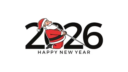 5K Ultra HD PC desktop wallpaper: Santa Claus pulling oversized '2026' digits with 'Happy New Year' text in a cheerful Christmas-themed design.