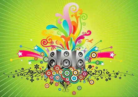Colorful 4K Ultra HD PC desktop wallpaper: central speakers with swirling Frutiger Metro–style floral elements, musical notes and stars on a vibrant green background.