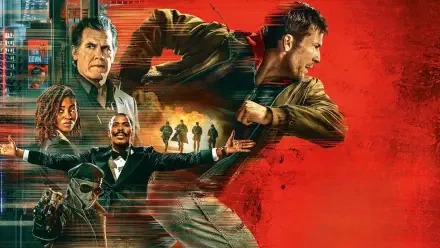 The Running Man — 4K Ultra HD PC Desktop Wallpaper and Background: red action poster featuring a sprinting hero, supporting characters, a masked fighter and silhouetted soldiers.