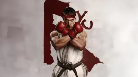 Street Fighter (2026) 5K Ultra HD PC desktop wallpaper: muscular fighter in a white gi with red gloves, arms crossed in front of a bold red kanji brushstroke on a misty background.