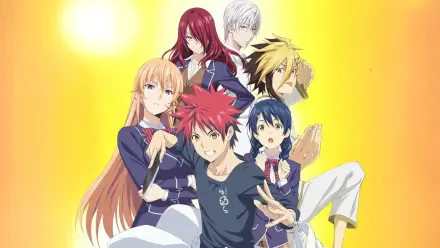 Food Wars: Shokugeki no Soma 2K Quad HD PC desktop wallpaper featuring Soma and five classmates in dynamic poses against a warm, glowing yellow backdrop.
