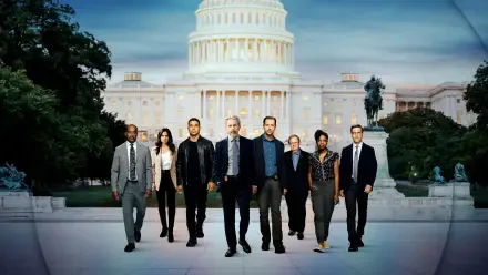 NCIS 4K Ultra HD PC desktop wallpaper: an ensemble of investigators walking toward the camera on the National Mall with the U.S. Capitol illuminated behind them.
