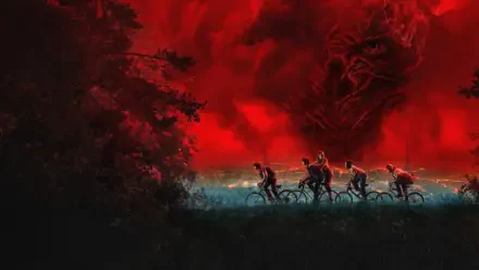 Stranger Things 4K Ultra HD PC Desktop Wallpaper and Background: silhouetted kids on bikes cross a misty road beneath a blood-red sky with a looming monstrous face.
