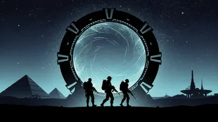 Stargate 4K Ultra HD PC desktop wallpaper/background: three silhouetted soldiers stand before a glowing ring portal, pyramids and an alien skyline beneath a starry night.