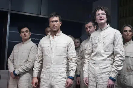 Scene from the movie The Running Man: a group of men in white jumpsuits standing tense in a dim arena — 4K Ultra HD PC desktop wallpaper/background.