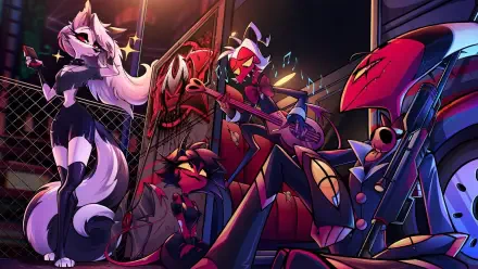 Helluva Boss HD PC desktop wallpaper: neon-lit scene of the show's demon characters posing and playing instruments like a rock band in a gritty backstage alley.