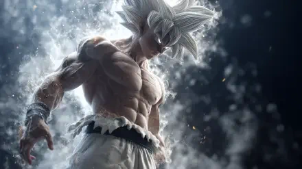 Dragon Ball Ultra Instinct figure with white hair and rippling muscles amid swirling mist and energy, 2K Quad HD PC desktop wallpaper and mobile phone background.