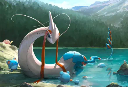 HD PC desktop wallpaper: anime Pokémon scene of a graceful Milotic lounging in a mountain lake with several Marill splashing nearby and a Shuckle perched on a lakeside rock.