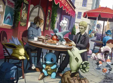 HD PC wallpaper: a cozy street café with Pokémon—Squirtle, Jolteon, Tyranitar and Gible—relaxing around a table while a trainer sips coffee.