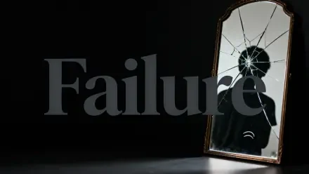 4K Ultra HD PC desktop wallpaper showing the word Failure across a dark room with a cracked mirror reflecting a shadowy silhouette.