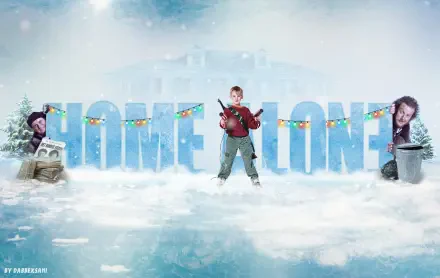 HD PC desktop wallpaper from the movie Home Alone: a boy stands before giant icy HOME ALONE letters, burglars peeking from snowy sides, with holiday lights and a frosty backdrop.
