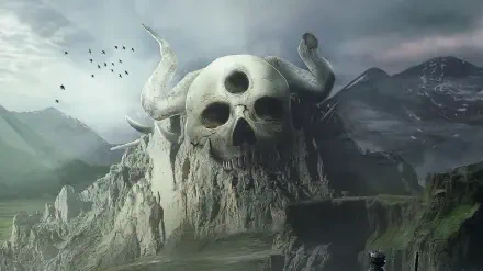 Black Clover 2K Quad HD PC desktop wallpaper/background: colossal horned skull carved into a fog-shrouded mountain, birds in the sky and a lone figure on a cliff.