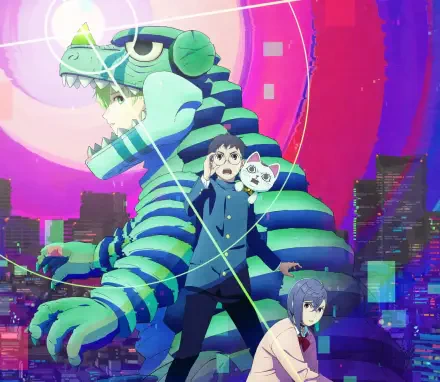 HD anime desktop wallpaper from Dandadan: Jin Enjouji, Momo Ayase and Ken Takakura posing with a glowing striped dinosaur over a neon city skyline.