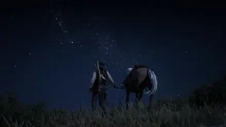 Video game 2K Quad HD PC desktop wallpaper/background from Red Dead Redemption 2: a cowboy walks with his horse across grassy plains beneath a star-filled night sky.