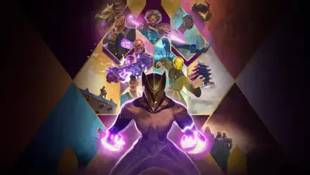 Eyes of Wakanda — 4K Ultra HD PC desktop wallpaper and background: central Wakandan hero with glowing purple palms and a triangular collage of heroes, masks, and futuristic tech.