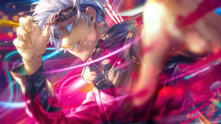 Jujutsu Kaisen's Satoru Gojo smirking with his blindfold lifted, neon pink and blue energy streaks swirling around him — dynamic 4K Ultra HD PC desktop wallpaper/background.