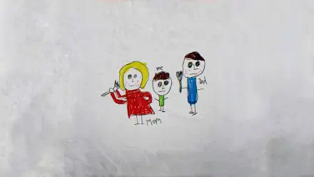 Childlike drawing of three stick-figure family members, one in red holding a knife; simple sketch on white paper — 4K Ultra HD PC desktop wallpaper and background.
