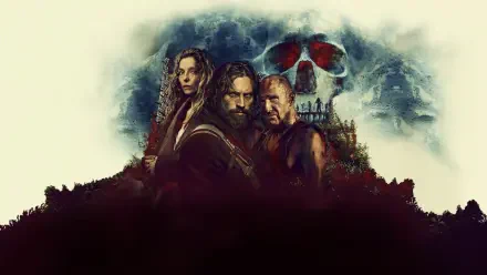 28 Years Later — HD PC desktop wallpaper: three grim figures in the foreground beneath a skull-shaped cloud and ruined city silhouette, moody blue and sepia tones.