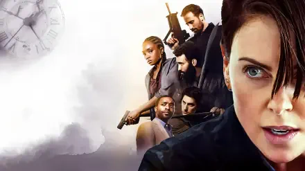 The Old Guard 2K Quad HD PC desktop wallpaper: close-up of a determined woman and a squad of armed fighters against a misty clock motif background.