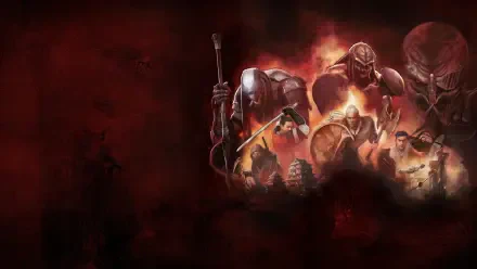 Predator: Killer Of Killers — 4K Ultra HD PC desktop wallpaper depicting several Predators in armored, battle-ready poses amid fiery red smoke.