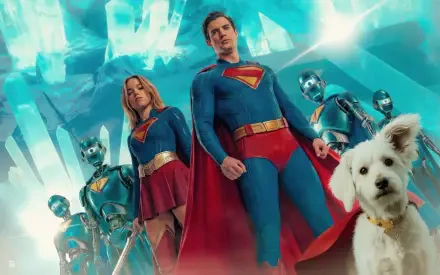 4K Ultra HD PC desktop wallpaper of Superman (2025) and Supergirl in classic costumes standing amid a crystalline blue cityscape with robotic allies and a white dog.