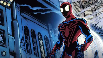 Spider-Man Unlimited 2K Quad HD PC desktop wallpaper and background showing stylized Spider-Man in red-black suit with spider emblem standing in a blue-lit city alley at night.