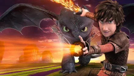 HD PC desktop wallpaper of Hiccup and Toothless from Dragons: Race to the Edge — Toothless unleashing a fiery blast as they charge across a fiery sunset sky.