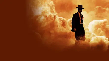 Oppenheimer-themed 4K Ultra HD PC desktop wallpaper: silhouetted man in hat amid an orange mushroom cloud background.