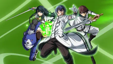 The Wrong Way to Use Healing Magic — 4K Ultra HD PC desktop wallpaper: three anime heroes in white coats wield swords and glowing green healing magic, blue dog companion, dynamic green background.