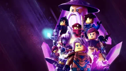 Ninjago HD PC Desktop Wallpaper and Background: LEGO ninja heroes and a robed bearded master amid glowing purple crystals and crackling mystical energy.