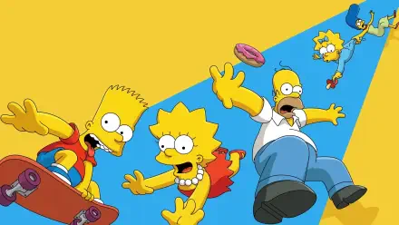 The Simpsons — Bart, Lisa, Homer and Maggie streak across bold yellow and blue diagonals; 4K Ultra HD PC desktop wallpaper and background.