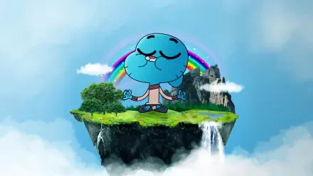 The Amazing World of Gumball 4K Ultra HD PC desktop wallpaper showing Gumball meditating on a floating grassy island with a rainbow, waterfalls and clouds against a bright blue sky.