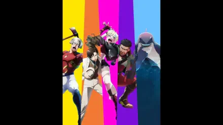 Suicide Squad Isekai artwork: stylized squad members leaping in action across bold vertical rainbow stripes — 2K Quad HD PC desktop wallpaper and background.