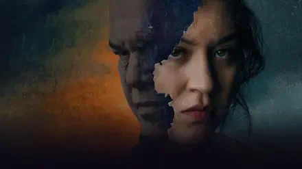 Echo (2024) HD PC desktop wallpaper: torn-paper split portrait of a brooding man and an intense woman set against a moody orange-to-blue gradient.