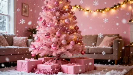 Pink Christmas tree with matching ornaments and wrapped gifts in a cozy living room, falling snowflakes and warm garland lights — 4K Ultra HD PC desktop wallpaper and background.