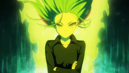 Anime HD PC desktop wallpaper: Ruri Dragon and Tatsumaki (One-Punch Man) — green-haired psychic with arms crossed, glowing neon-green aura against a dark, streaked energy background.